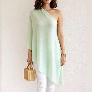 27 Miles 100% Cashmere Asymmetrical One-Shoulder Poncho | Mint Green | Size OS